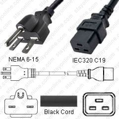 NEMA 6-15 Male Plug to IEC320 C19 Connector 2.5 meters / 8 feet 15A/250V 14/3 SJT Black - Power Cord
