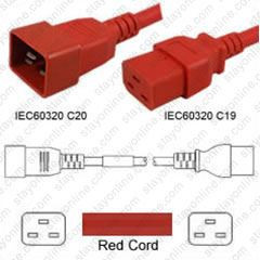 IEC320 C20 Male Plug to C19 Connector 0.3 meters / 1 foot 20A/250V 12/3 SJT Red - Power Cord