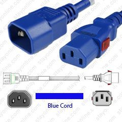 IEC320 C14 Male Plug to C13 Connector WS-Lock 4.5 meters / 15 feet 15A/250V 14/3 SJT Blue - Locking Power Cord