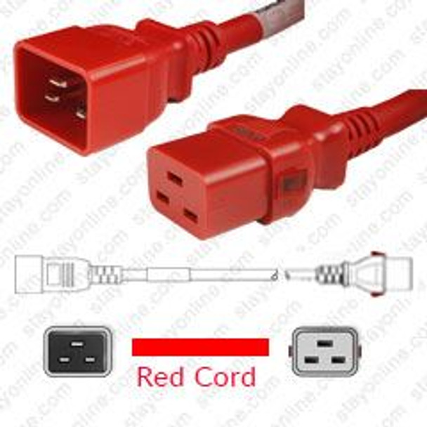 IEC320 C20 Plug to IEC320 C19 Connector WS-Lock 4.5 Meters / 15 Feet 20A/250V 12/3 SJT Red - Locking Power Cord