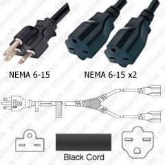 NEMA 6-15 Male Plug to 2 way 6-15 Connectors 3.0 meters / 10 feet 15A/250V 14/3 SJT 24 inch legs Black - Splitter Power Cord