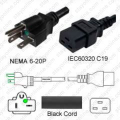 NEMA 6-20 Male Plug to IEC320 C19 Connector Shielded 4.5 meters / 15 feet 20A/250V 12/3 SJT Black - Hospital Grade Power Cord