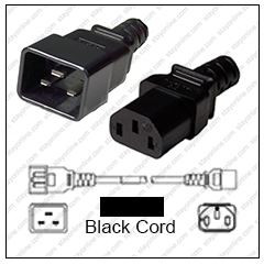 IEC320 C20 Male Plug to C13 Connector 0.3 meters / 1 foot 13A/250V 16/3 SJT Black - Power Cord