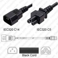 IEC320 C14 Male Plug to C5 Connector 1.2 meters / 4 feet 2.5A/250V 18/3 SJT Black - Power Cord