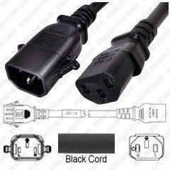 IEC320 C14 Male Plug to C13 Connector P-Lock 2.1 meters / 7 feet 15A/250V 14/3 SJT Black - Locking Power Cord