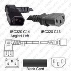 IEC320 C14 Male Plug Angled Left to C13 Connector 1.0 meters / 3.25 feet 15A/250V 14/3 SJT Black - Power Cord