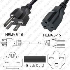 NEMA 6-15 Male Plug to 6-15 Connector 3.7 meters / 12 feet 15A/250V 14/3 SJT Black - Power Extension Cord