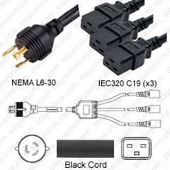 NEMA L6-30 Male Plug to 3 way IEC320 C19 Connectors 2.5 meters / 8 feet 20A/250V 10/3 & 12/3 SJT 24 inch legs Black - Splitter Power Cord