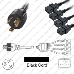 NEMA L6-30 Male Plug to 4 way IEC320 C19 Connectors 0.9 meters / 3 feet 20A/250V 10/3 & 12/3 SJT 24 inch legs Black - Splitter Power Cord