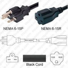 NEMA 6-15 Male Plug to 6-15 Connector 3.0 meters / 10 feet 15A/250V 14/3 SJT Black - Power Extension Cord Hanked