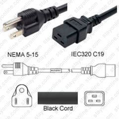 NEMA 5-15 Male Plug to IEC320 C19 Connector 4.5 meters / 15 feet 15A/125V 14/3 SJT Black - Power Cord