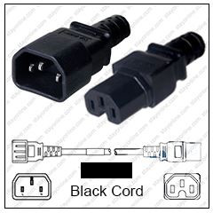IEC320 C14 Male Plug to C15 Connector 1.8 meters / 6 feet 10A/250V 18/3 SJT Black - Power Cord