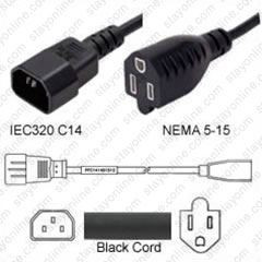 IEC320 C14 Male Plug to NEMA 5-15 Connector 0.9 meters / 3 feet 13A/125V 16/3 SJT Black  - Power Cord - Hanked
