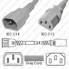 IEC320 C14 Male Plug to C13 Connector 1.5 meters / 5 feet 10A/250V 18/3 SJT Gray - Power Cord