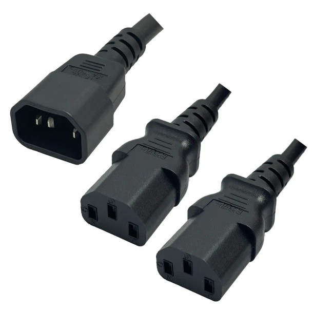 IEC320 C14 Male Plug to 2 way C13 Connectors 3.0 meters / 10 feet 13A/250V 16/3 SJT 24 inch legs Black - Splitter Power Cord