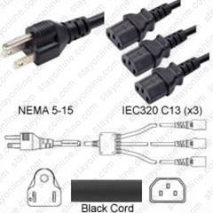NEMA 5-15 Male Plug to 3 way IEC320 C13 Connectors 4.5 meters / 15 feet 15A/125V 14/3 SJT 24 inch legs Black - Splitter Power Cord