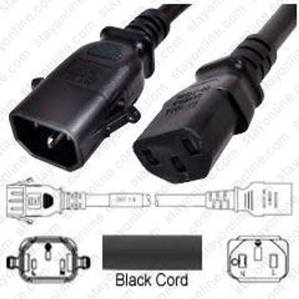 IEC320 C14 Male Plug to C13 Connector P-Lock 4.5 meters / 15 feet 10A/250V 18/3 SVT Black - Locking Power Cord