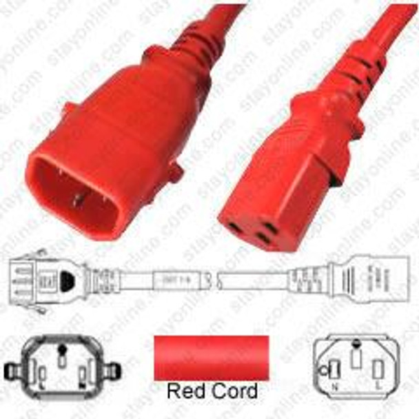 IEC320 C14 Male Plug to C13 Connector P-Lock 0.5 meters / 1.5 feet 10A/250V 18/3 SVT Red - Locking Power Cord