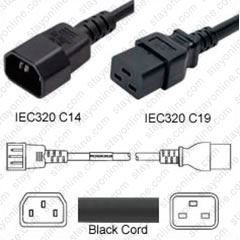 IEC320 C14 Male Plug to C19 Connector Shielded 0.3 meters / 1 foot 15A/250V 14/3 SJT Black - Power Cord