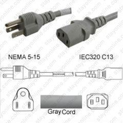 NEMA 5-15 Male Plug to IEC320 C13 Connector 0.9 meters / 3 feet 10A/125V 18/3 SJT Gray - Power Cord
