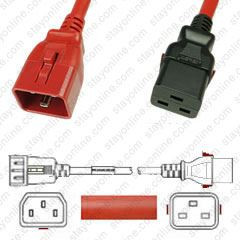 IEC320 C20 Male Plug to C19 Connector W-Lock 1.2 meters / 4 feet 16A/250V H05VV-F3G1.5 & 15/3 SJT Red - Locking Power Cord