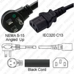 NEMA 5-15 Male Plug Angled Up to IEC320 C13 Connector Shielded 4.5 meters / 15 feet 15A/125V 14/3 SJT Black - Hospital Grade Power Cord