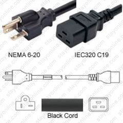 NEMA 6-20 Male Plug to IEC320 C19 Connector 1.8 meters / 6 feet 20A/250V 12/3 SJT Black - Power Cord