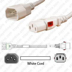 IEC320 C14 Male Plug to C13 Connector WS-Lock 1.5 meters / 5 feet 15A/250V 14/3 SJT White - Locking Power Cord