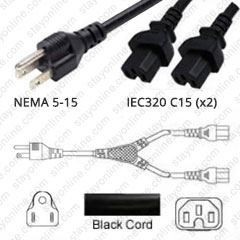NEMA 5-15 Male Plug to 2 way IEC320 C15 Connectors 4.5 meters / 15 feet 15A/125V 14/3 SJT 24 inch legs Black - Splitter Power Cord