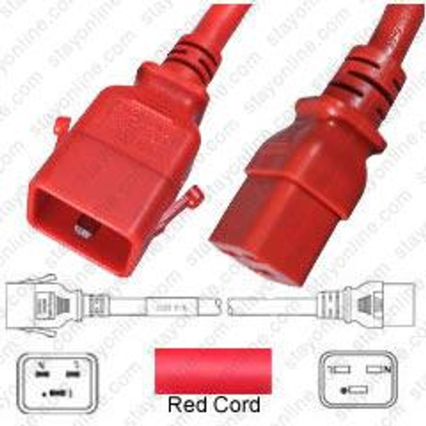 IEC320 C20 Male Plug to C19 Connector P-Lock 1.2 meters / 4 feet 20A/250V 12/3 SJT Red - Locking Power Cord