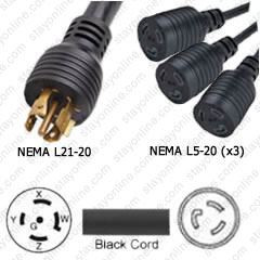 NEMA L21-20 Male Plug to 3 way L5-20 Connectors 2.0 meters / 6.5 feet 20A/120V 10/5 & 12/3 SOOW 24 inch legs Black - Splitter Power Cord