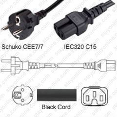 Schuko CEE7/7 Male Plug to IEC320 C15 Connector 2.5 meters / 8 feet 10A/250V H05V2V2-F3G1.0 Black - Country Power Cord