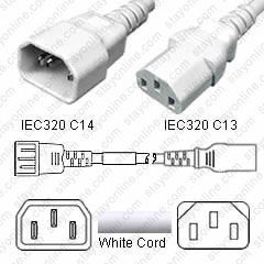 IEC320 C14 Male Plug to C13 Connector 0.9 meters / 3 feet 10A/250V 18/3 SVT White - Power Cord