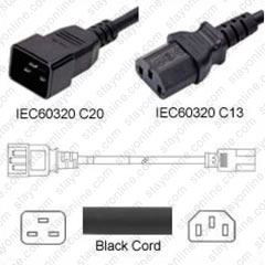 IEC320 C20 Male Plug to C13 Connector 0.6 meters / 2 feet 15A/250V 14/3 SJT Black - Power Cord