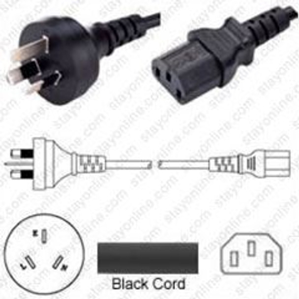 Australia AS3112 Male Plug to IEC320 C13 Connector 1.8 meters / 6 feet 10A/250V H05VV-F3G.75 Black - Country Power Cord Hanked