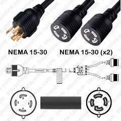 NEMA L15-30 Male Plug to 2 way L15-30 Connectors 1.5 meters / 5 feet 30A/250V 8/4 SOOW 24 inch legs Black - Splitter Power Cord