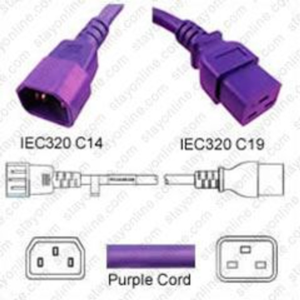 IEC320 C14 Male Plug to C19 Connector 1.2 meters / 4 feet 15A/250V 14/3 SJT Purple - Power Cord