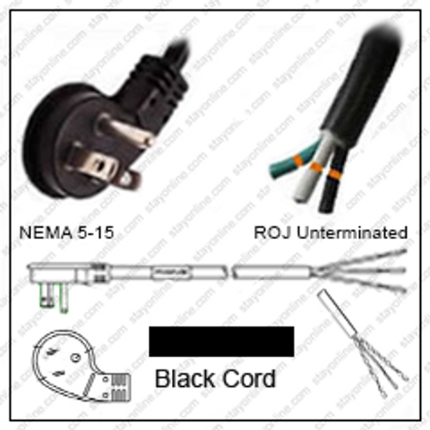 NEMA 5-15 Male Plug Low Profile to ROJ 2.5 meters / 8 feet 15A/125V 14/3 SJT Black - Power Supply Cord