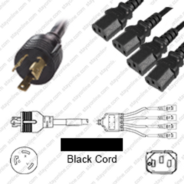 NEMA L6-30 Male Plug to 4 way IEC320 C13 Connectors 1.2 meters / 4 feet 15A/250V 12/3 & 14/3 SJT 24 inch legs Black - Splitter Power Cord