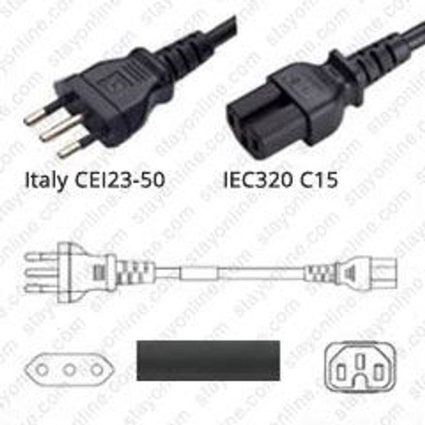 Italy CEI2350 Male Plug to IEC320 C15 Connector 2.5 meters / 8 feet 10A/250V H05RR-F3G1.0 Black - Country Power Cord