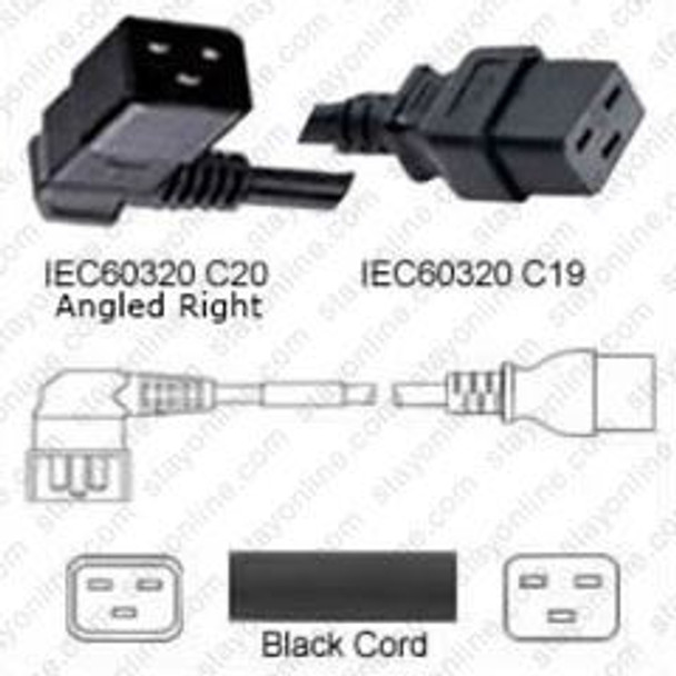 IEC320 C20 Male Plug Angled Right to C19 Connector 1.5 meters / 5 feet 20A/250V 12/3 SJT Black - Power Cord