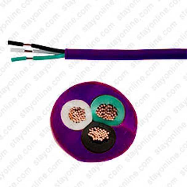 Bulk Cable StayOnline Purple Jacketed SJT Cord 14 AWG x 3 Conductor Color Code Green, White, Black cUL FT2 105* 300 Volt PVC Filler, 1 Foot Length