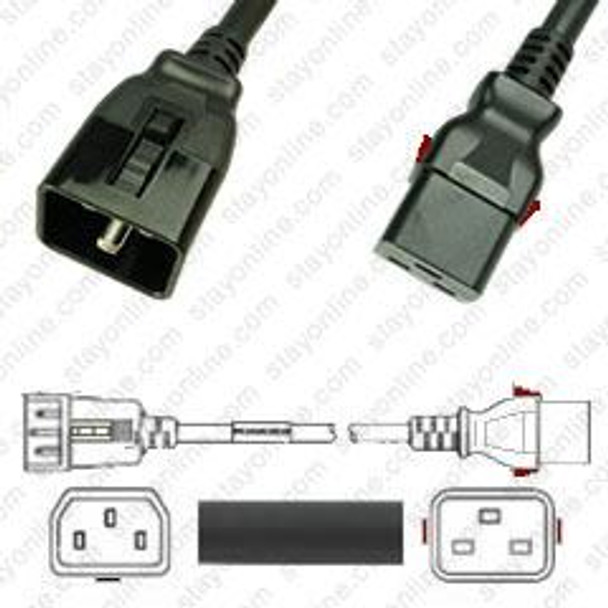 IEC320 C20 Male Plug to C19 Connector W-Lock 0.9 meters / 3 feet 16A/250V H05VV-F3G1.5 & 15/3 SJT Black - Locking Power Cord