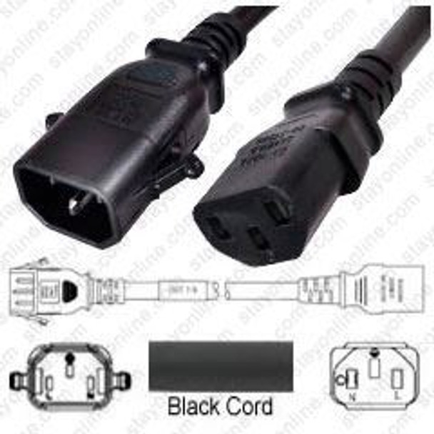 IEC320 C14 Male Plug to C13 Connector P-Lock 0.5 meters / 1.5 feet 10A/250V 18/3 SVT Black - Locking Power Cord