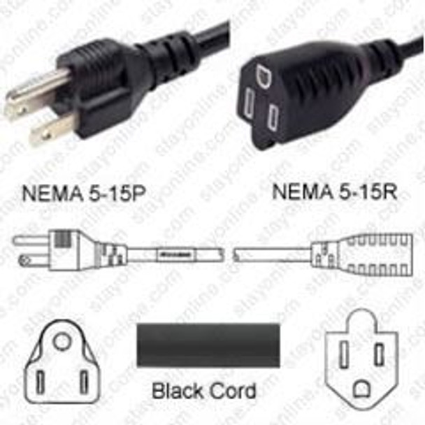 NEMA 5-15 Male Plug to 5-15 Connector 15.0 meters / 50 feet 15A/125V 14/3 SJT Black - Power Extension Cord