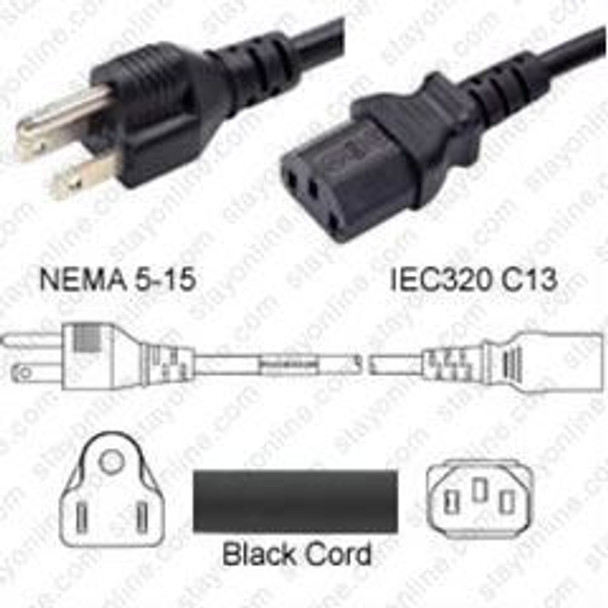 NEMA 5-15 Male Plug to IEC320 C13 Connector 4.5 meters / 15 feet 15A/125V 14/3 SJT Black - Power Cord