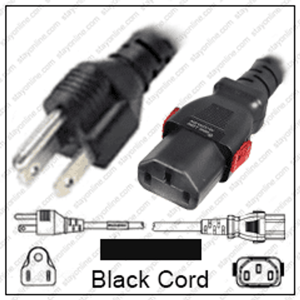 NEMA 5-15 Male Plug to IEC320 C13 Connector WS-Lock 1.8 meters / 6 feet 15A/125V 14/3 SJT Black - Locking Power Cord