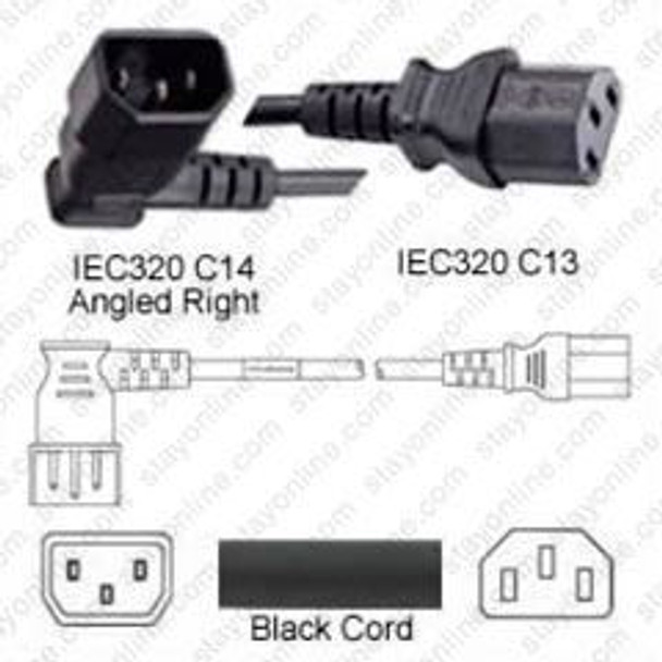 IEC320 C14 Male Plug Angled Right to C13 Connector 0.9 meters / 3 feet 10A/250V 18/3 SJT Black - Power Cord