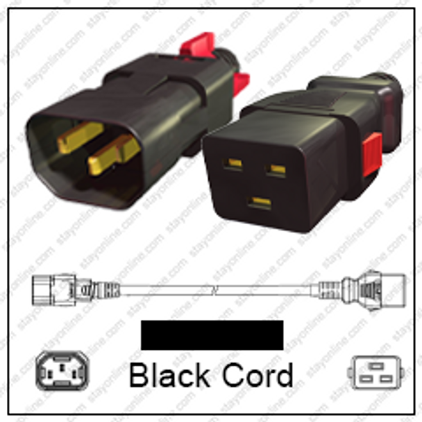 IEC320 C14 Male Plug to C19 Connector Z-LOCK 2.5 meters / 8 feet 15A/250V 14/3 SJT Black - Locking Power Cord