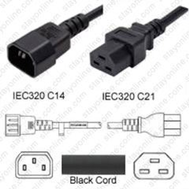 IEC320 C14 Male Plug to C21 Connector 0.9 meters / 2 feet 15A/250V 14/3 SJT Black - Power Cord